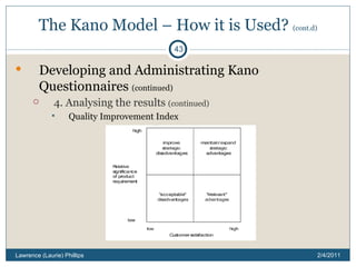 The Kano Model – How it is Used?  (cont.d) Developing and Administrating Kano Questionnaires  (continued) 4. Analysing the results  (continued) Quality Improvement Index 2/4/2011 Lawrence (Laurie) Phillips 