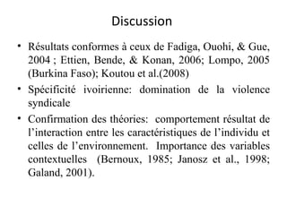 Discussion  Résultats conformes à ceux de  Fadiga, Ouohi, & Gue, 2004 ; Ettien, Bende, & Konan, 2006; Lompo, 2005 (Burkina Faso); Koutou et al.(2008) Spécificité ivoirienne: domination de la violence syndicale Confirmation des théories:  comportement résultat de l’interaction entre les caractéristiques de l’individu et celles de l’environnement.  Importance des variables contextuelles  (Bernoux, 1985; Janosz et al., 1998; Galand, 2001).  