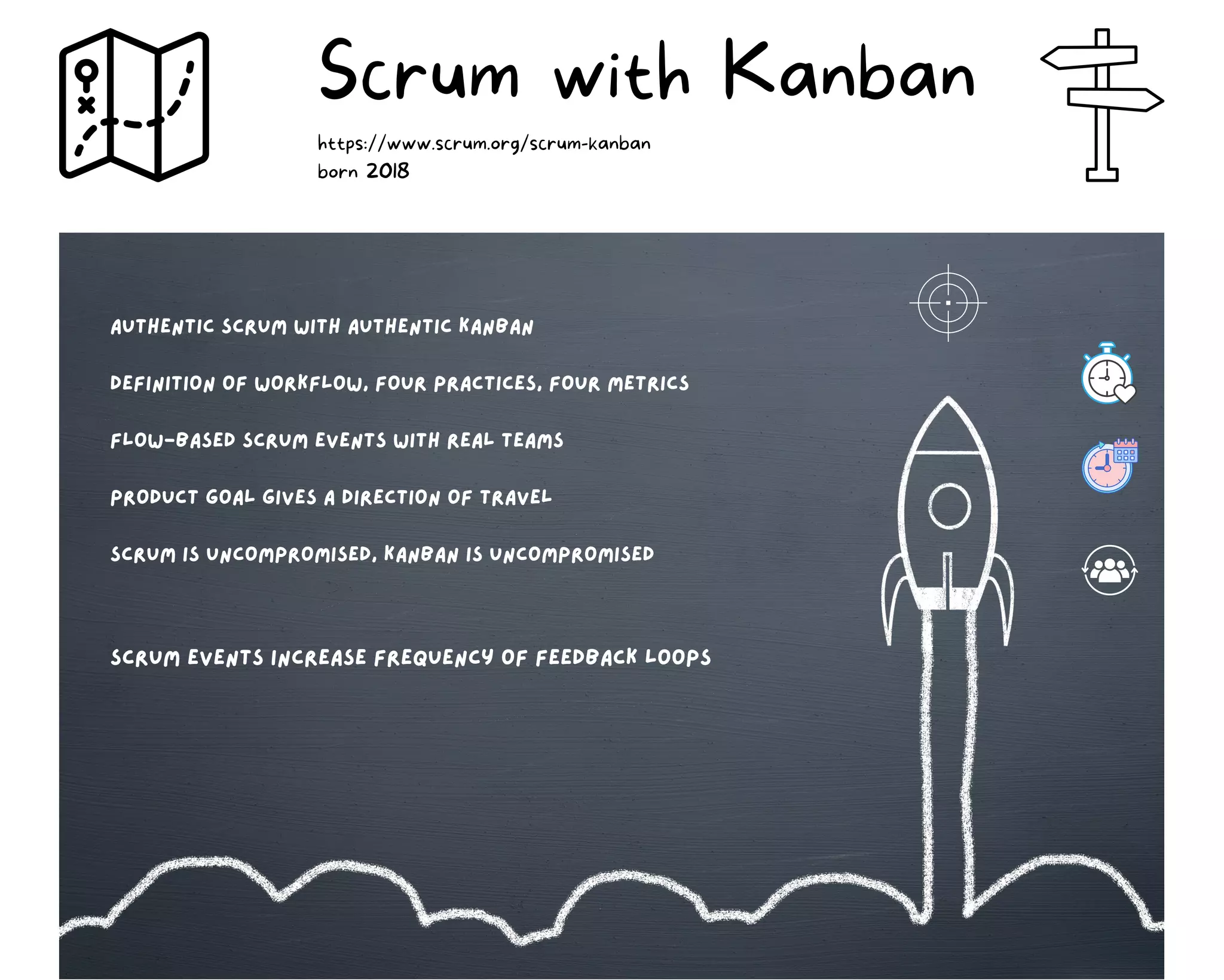 authentic scrum with authentic Kanban
Definition of workflow, four practices, four metrics
flow-based scrum events with real teams
product goal gives a direction of travel
scrum is uncompromised, kanban is uncompromised
Scrum with Kanban
https://www.scrum.org/scrum-kanban
born 2018
Scrum events increase frequency of feedback loops
 
