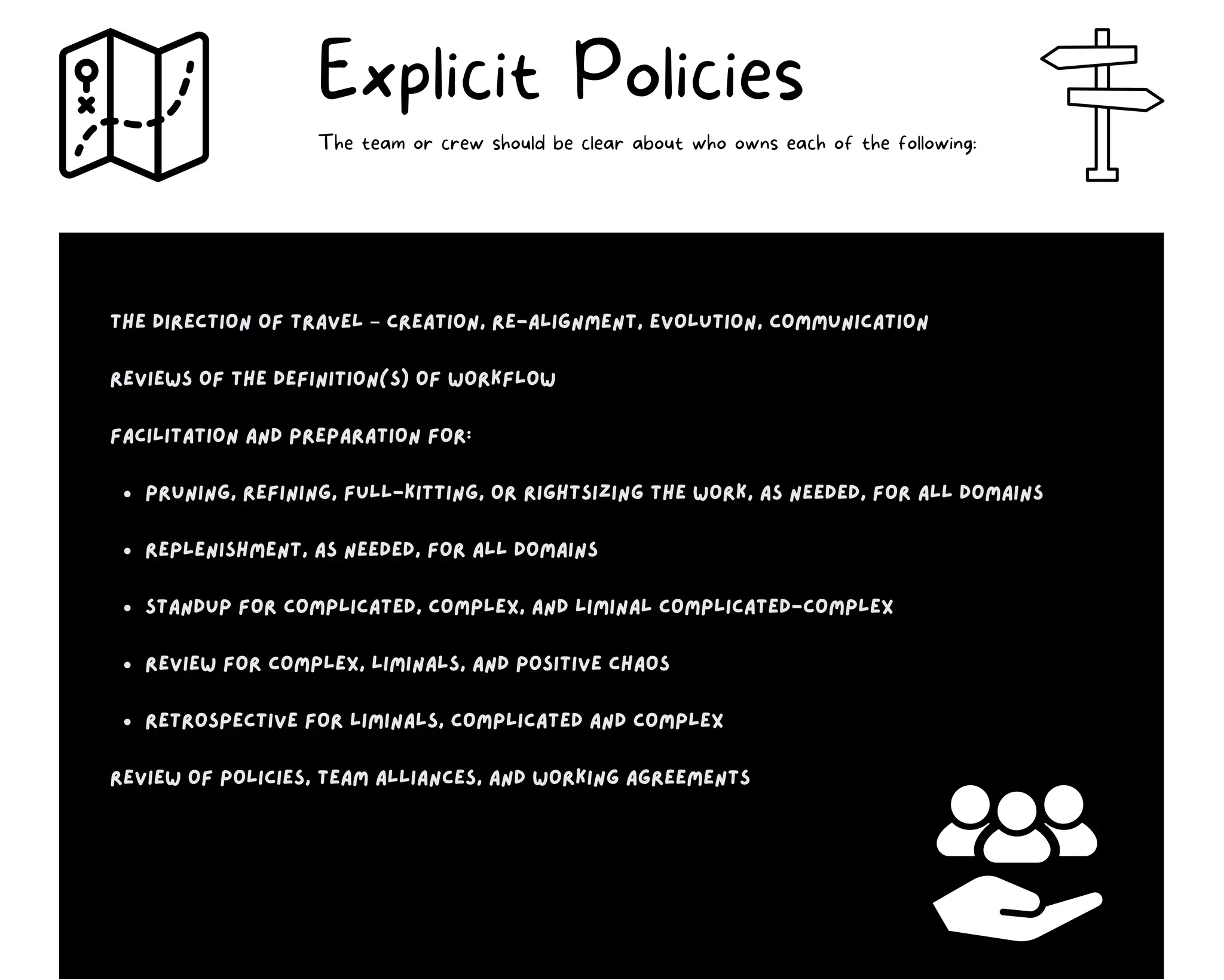 pruning, refining, full-kitting, or rightsizing the work, as needed, for all domains
replenishment, as needed, for all domains
standup for complicated, complex, and liminal complicated-complex
review for complex, liminals, and positive chaos
retrospective for liminals, complicated and complex
The direction of travel – creation, re-alignment, evolution, communication
Reviews of the definition(s) of workflow
Facilitation and preparation for:
Review of policies, team alliances, and working agreements
Explicit Policies
The team or crew should be clear about who owns each of the following:
 