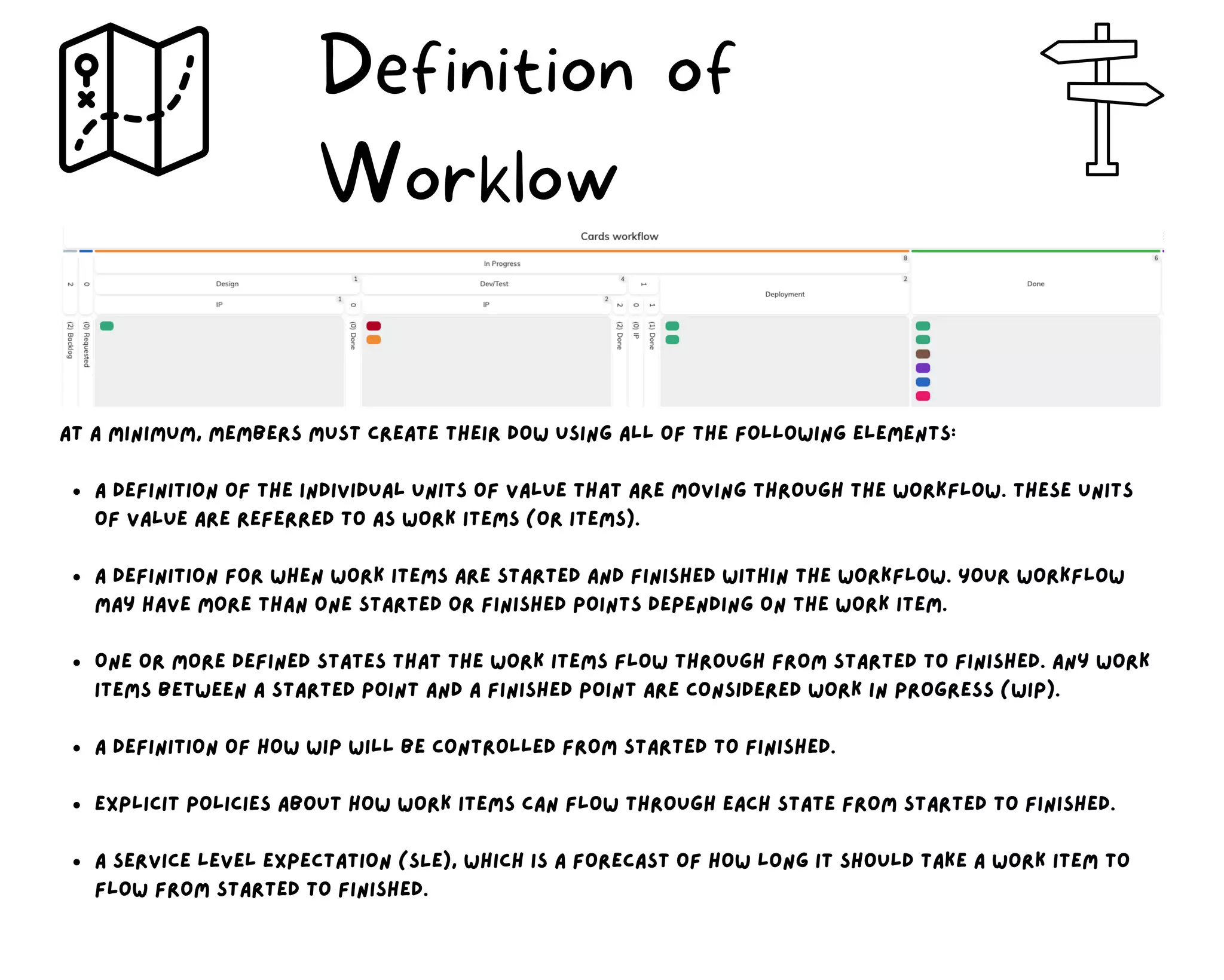 A definition of the individual units of value that are moving through the workflow. These units
of value are referred to as work items (or items).
A definition for when work items are started and finished within the workflow. Your workflow
may have more than one started or finished points depending on the work item.
One or more defined states that the work items flow through from started to finished. Any work
items between a started point and a finished point are considered work in progress (WIP).
A definition of how WIP will be controlled from started to finished.
Explicit policies about how work items can flow through each state from started to finished.
A service level expectation (SLE), which is a forecast of how long it should take a work item to
flow from started to finished.
at a minimum, members must create their DoW using all of the following elements:
Definition of
Worklow
 