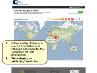 1. Referenced by US National
Science Foundation and
National Endowment for the
Humanities for Data
Management
2. “Data sharing as
publishing” metaphor
 