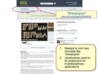 “Sheep/goat”
http://eol.org/pages/32609438/
1. Needed to mint new
concepts like
“sheep/goat”
2. Vocabularies need to
be responsive for
multidisciplinary
applications
 