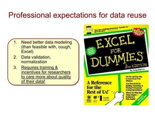 Professional expectations for data reuse
1. Need better data modeling
(than feasible with, cough,
Excel)
2. Data validation,
normalization
3. Requires training &
incentives for researchers
to care more about quality
of their data!
 