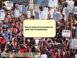 Image Credit: “Brainchildvn” via Flickr (CC-By)
http://www.flickr.com/photos/brainchildvn/3957949195
Not an easy environment to
seek new investments.
 