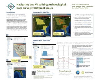 Navigating and Visualizing Archaeological
Data on Vastly Different Scales
Introduction
Archaeological research can focus on scales ranging from
observations on individual objects to macro phenomena that
span millennia and continents. Such scalar differences pose a
great challenge in digital data dissemination, particularly in
finding and visualizing relevant data.
Until recently, Open Context (http://opencontext.org) mainly
managed site-specific data. But the Digital Index of North
American Archaeology (DINAA) project requires Open Context
to manage site file data spanning large regions and time periods.
To meet this need, Open Context implemented data indexing
strategies to hierarchically nest time-span and geographic
coordinates.
The approach presented here simplifies interface, visualization,
and interoperability with Open Context. The nested indexing
strategy demonstrated here enables visualization and discovery
at a level of spatial resolution that does not compromise site
location security, but is useful for map visualization of multiple
dimensions of data.
Indexing with “Time-Tiles”
Eric C. Kansa1, Stephen Yerka2,
Sarah W. Kansa3 , David G. Anderson2,
Carl DeMuth4, Joshua Wells4
• Web mapping services(Google, Bing, etc.) provide base
maps indexed by tiles. Tiling is a widely adopted way to
indentify geospatial resources.
• Latitude / Longitude (WGS-84) coordinates can be
expressed as a hierarchically-encoded string:
37.861844, -122.289677  02301021220232231101
• A nearby coordinate will have a slightly different tile.
But note how the left-most characters are the same:
37.861234, -122.276540  02301021220233220031
• Tiles can be easily aggregated at different scales by
lumping together characters of the same value from left
to right.
• Tile strings can be easily converted into map polygons at
any scale for visualization of spatially aggregated data.
• The DINAA project protects site location data by
converting coordinates to tiles limited to 11 characters in
length. This corresponds to location accuracy with
~15km to ~ 20km.
Indexing with Map-Tiles
Further Information
To learn more about DINAA, visit the project blog at:
http://ux.opencontext.org/blog/archaeology-site-data/
Rough Cilicia Survey (N. Rauh)
• Roman era tomb distribution
• Small-scale regional data
Time ranges can be hard to present in hierarchic faceted search (a standard way to present complex metadata
for point-and-click navigation) since ranges do not usually fit into standard buckets. To solve this problem,
Open Context will start to organize time-spans using a hierarchy of “tiles,” similar to the map tiles above.
1M-00000000122000110221
(Roman: 2000 – 1470 BP)
1M-01001322312033201102
(Middle Paleolithic: 300KYA – 30KYA)
1M-00000000312010332212
(Iron Age: 3100 – 2500 BP)
• Need to define earliest and latest possible dates for a tiling grid
• Latest is 0 BP, example below is 1 Million BP (Open Context
allows 10MYA).
• Recursive function to compute tile from earliest and latest BP date
as input. (Source code: https://github.com/ekansa/open-context-
code)
• Tiles can be converted back to earliest and latest dates.
• Like map-tiles above, time-tiles easily aggregate at different scales
by lumping together characters of the same value from left to
right. Shaded regions show different aggregations of time-tiles.
• Tiles allow arbitrary time ranges to be used in faceted search.
• Time-tiles can be combined with controlled vocabulary of named
periods (in development with DINAA).
Florida Site Files (DINAA)
• Shell midden distribution
• Large-scale region
DINAA: 270K+ State Site Files
• Unfiltered as of March 31
• Highest tile resolution shown
for site location security
DINAA: 270K+ State Site Files
• Also heat-maps etc.
• Lower resolution tile
aggregation
1. Open Context (http://opencontext.org) & UC, Berkeley (D-Lab)
2. University of Tennessee, Knoxville
3. Alexandria Archive Institute (http://alexandriaarchive.org)
4. Indiana University, South Bend
Acknowledgments
DINAA is multi-institutional collaboration
funded by a grant from the National Science
Foundation Archaeology program.
EOL Computational Data Challenge
• Percentage of pig bones at sites
• Areas represent numbers of bones in different
time-ranges in Anatolia
Open Context has additional financial support from the
National Endowment for the Humanities and other sources.
The California Digital Library archives Open Context data.
 