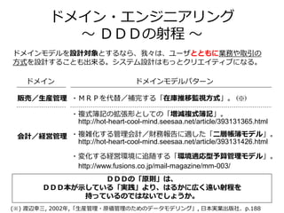 ドメイン・エンジニアリング
～ ＤＤＤの射程 ～
ドメインモデルを設計対象とするなら、我々は、ユーザとともに業務や取引の
方式を設計することも出来る。システム設計はもっとクリエイティブになる。
ドメイン ドメインモデルパターン
販売／生産管理 ・ＭＲＰを代替／補完する「在庫推移監視方式」。 (※)
会計／経営管理
・複式簿記の拡張形としての「増減複式簿記」。
・複雑化する管理会計／財務報告に適した「二層帳簿モデル」。
・変化する経営環境に追随する「環境適応型予算管理モデル」。
ＤＤＤの「原則」は、
ＤＤＤ本が示している「実践」より、はるかに広く遠い射程を
持っているのではないでしょうか。
http://hot-heart-cool-mind.seesaa.net/article/393131426.html
http://hot-heart-cool-mind.seesaa.net/article/393131365.html
http://www.fusions.co.jp/mail-magazine/mm-003/
(※) 渡辺幸三, 2002年,「生産管理・原価管理のためのデータモデリング」, 日本実業出版社、p.188
 