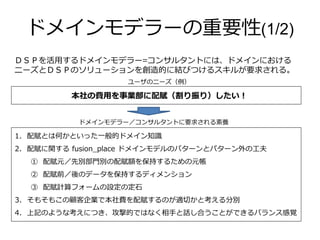 ドメインモデラーの重要性(1/2)
ＤＳＰを活用するドメインモデラー=コンサルタントには、ドメインにおける
ニーズとＤＳＰのソリューションを創造的に結びつけるスキルが要求される。
本社の費用を事業部に配賦（割り振り）したい！
1. 配賦とは何かといった一般的ドメイン知識
2. 配賦に関する fusion_place ドメインモデルのパターンとパターン外の工夫
① 配賦元／先別部門別の配賦額を保持するための元帳
② 配賦前／後のデータを保持するディメンション
③ 配賦計算フォームの設定の定石
3. そもそもこの顧客企業で本社費を配賦するのが適切かと考える分別
4. 上記のような考えにつき、攻撃的ではなく相手と話し合うことができるバランス感覚
ユーザのニーズ（例）
ドメインモデラー／コンサルタントに要求される素養
 
