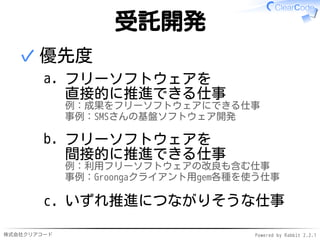 株式会社クリアコード Powered by Rabbit 2.2.1
受託開発
優先度
フリーソフトウェアを
直接的に推進できる仕事
例：成果をフリーソフトウェアにできる仕事
事例：SMSさんの基盤ソフトウェア開発
a.
フリーソフトウェアを
間接的に推進できる仕事
例：利用フリーソフトウェアの改良も含む仕事
事例：Groongaクライアント用gem各種を使う仕事
b.
いずれ推進につながりそうな仕事c.
✓
 