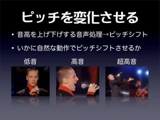 ピッチを変化させる
•音高を上げ下げする音声処理→ピッチシフト
•いかに自然な動作でピッチシフトさせるか
低音 高音 超高音
 