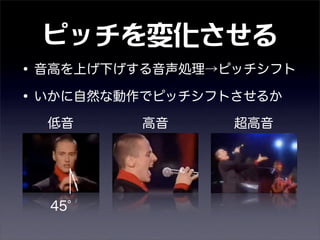 ピッチを変化させる
•音高を上げ下げする音声処理→ピッチシフト
•いかに自然な動作でピッチシフトさせるか
低音 高音 超高音
45
 