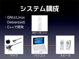 システム構成
Wiiリモコン
マイク スピーカ
・GNU/Linux
Debian(sid)
・C++で開発
パソコン
 