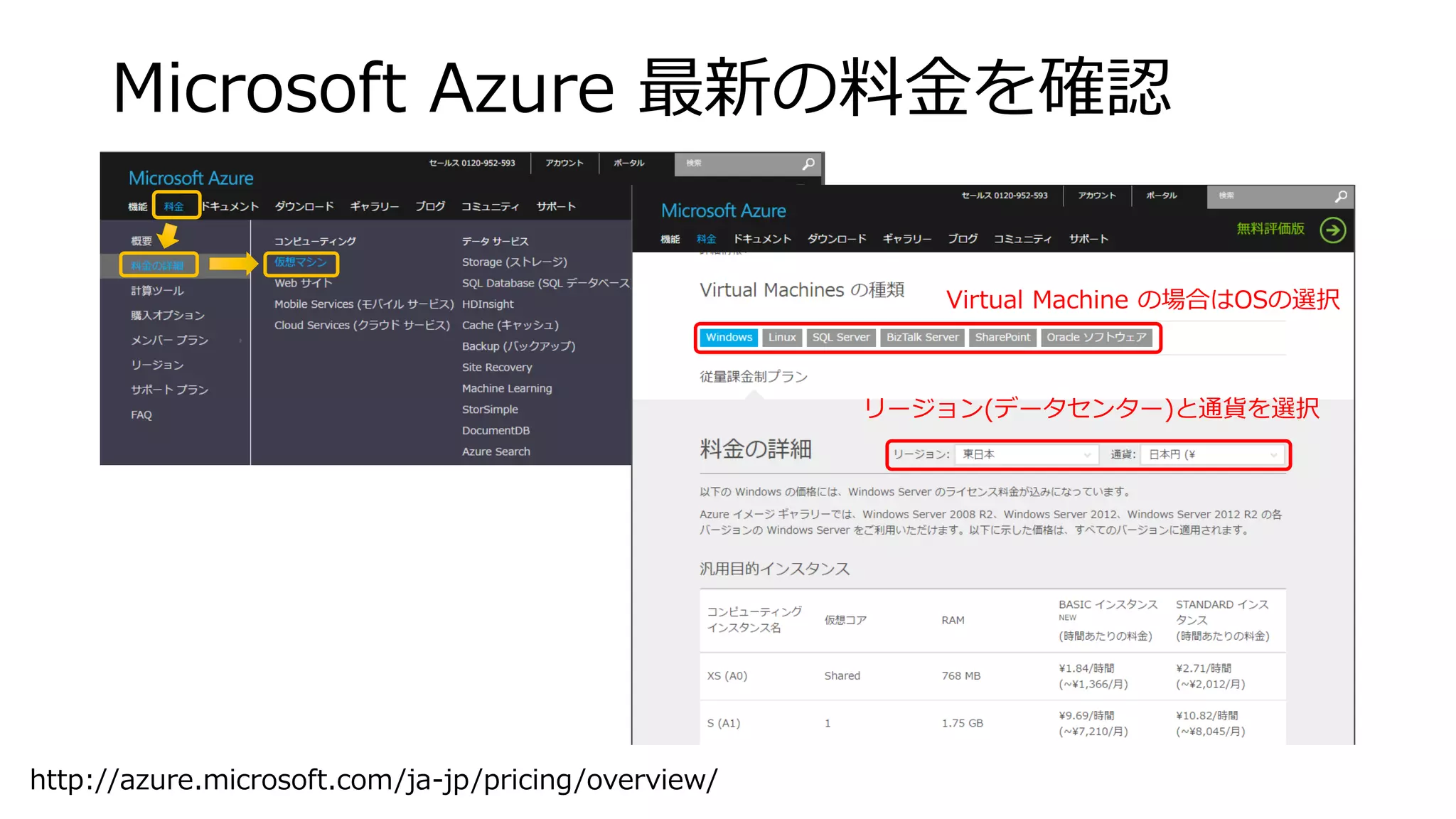 Microsoft Azure 最新の料金を確認 
http://azure.microsoft.com/ja-jp/pricing/overview/ 
VirtualMachineの場合はOSの選択 
リージョン(データセンター)と通貨を選択  