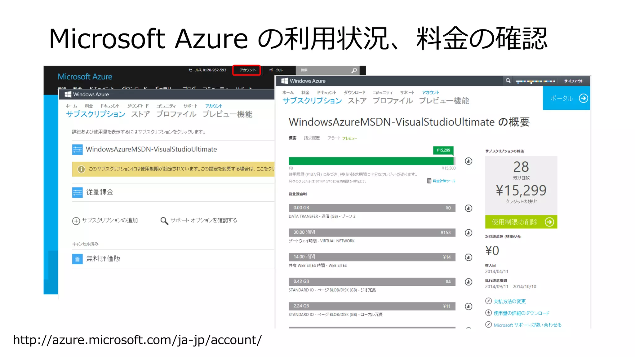 Microsoft Azure の利用状況、料金の確認 
http://azure.microsoft.com/ja-jp/account/  