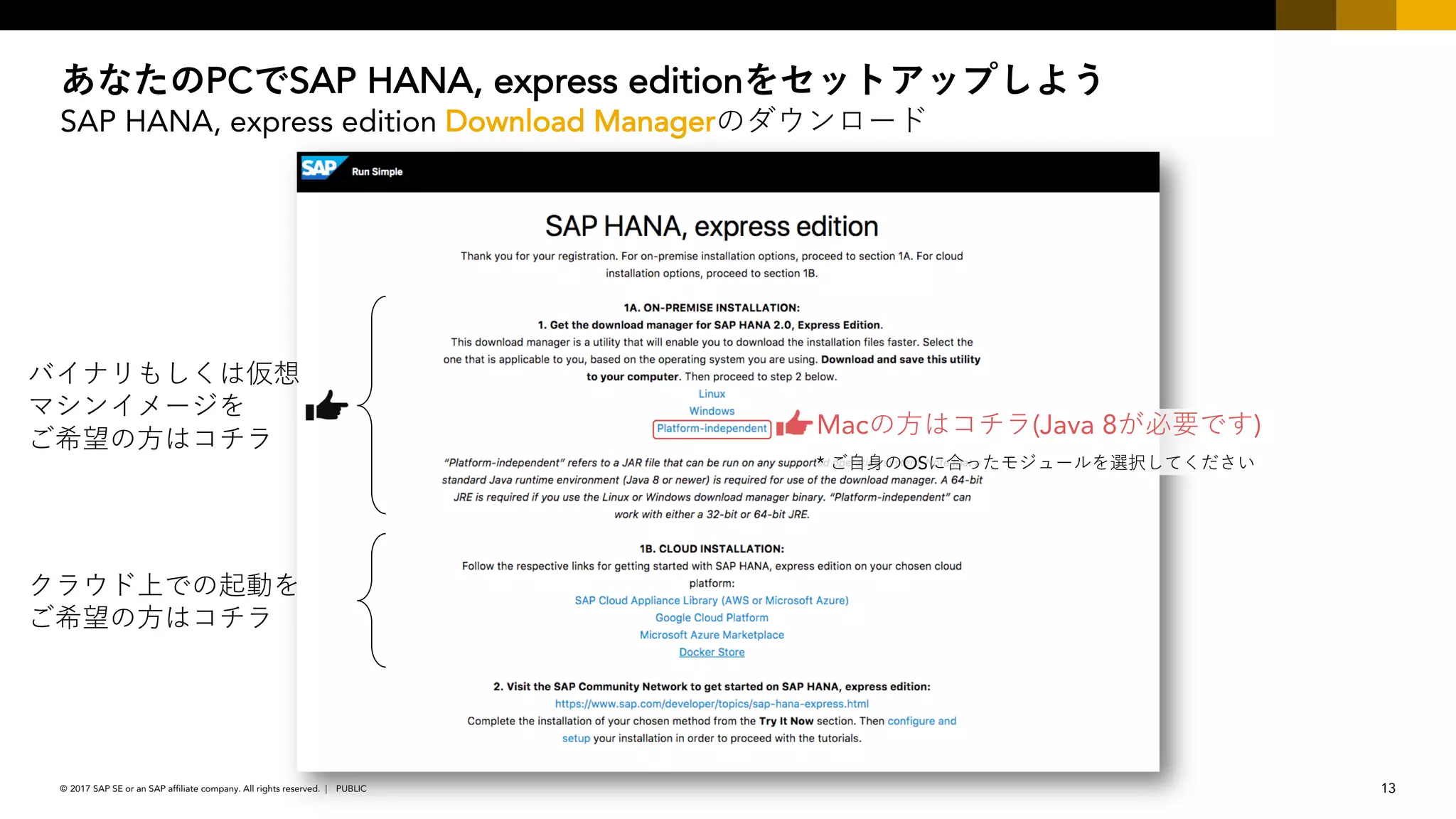 13PUBLIC© 2017 SAP SE or an SAP affiliate company. All rights reserved. ǀ
PC SAP HANA, express edition
SAP HANA, express edition Download Manager
Mac (Java 8 )
* OS
 