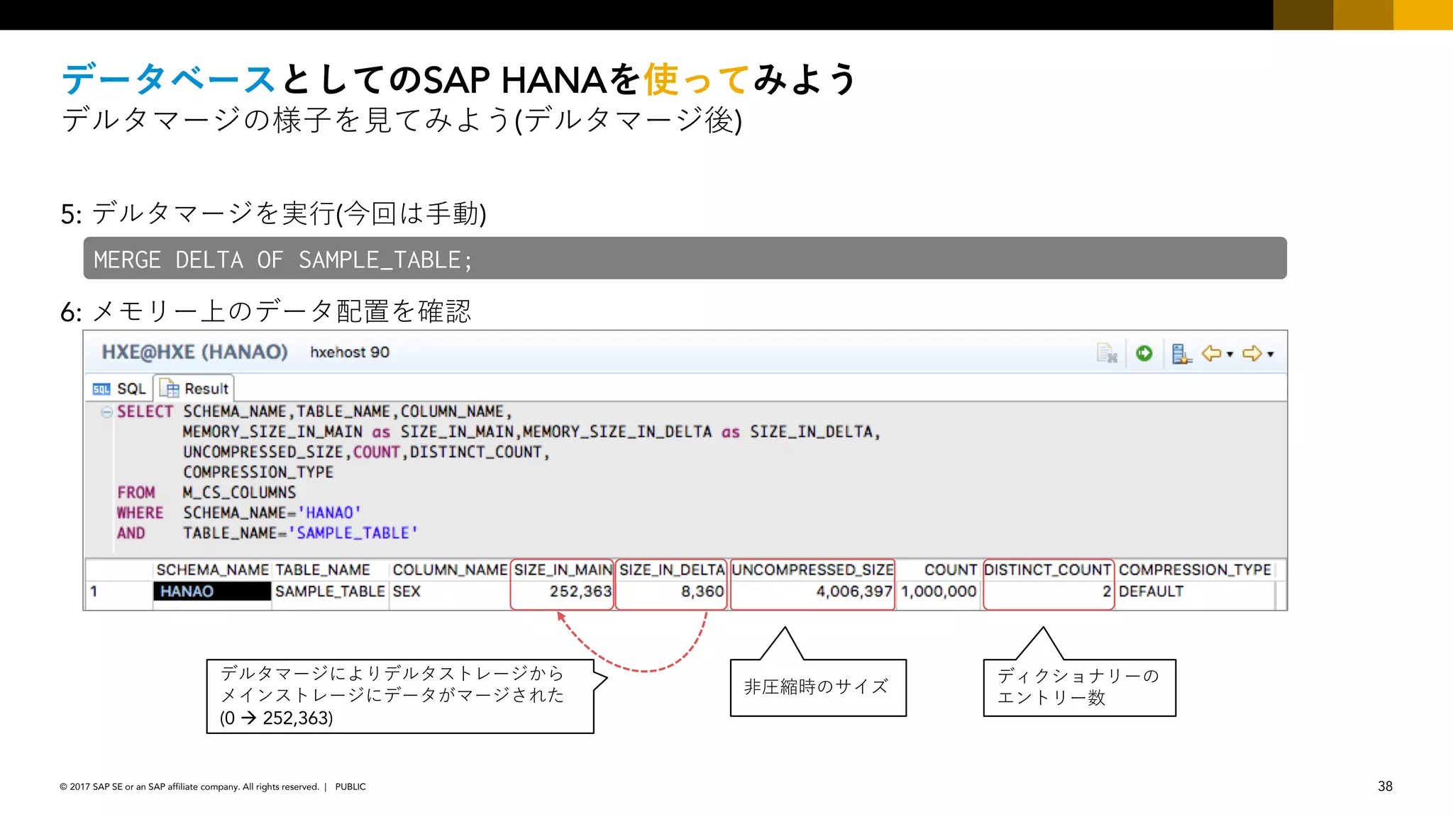 38PUBLIC© 2017 SAP SE or an SAP affiliate company. All rights reserved. ǀ
SAP HANA
( )
5: ( )
6:
MERGE DELTA OF SAMPLE_TABLE;
(0 à 252,363)
 