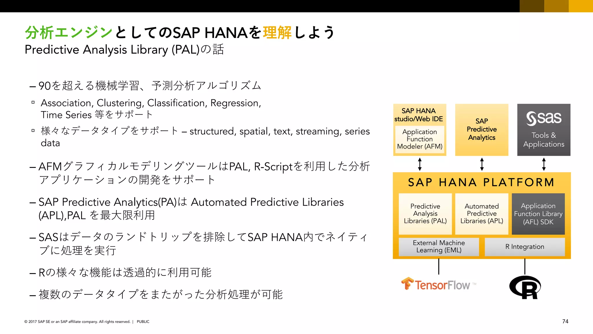74PUBLIC© 2017 SAP SE or an SAP affiliate company. All rights reserved. ǀ
SAP HANA
Predictive Analysis Library (PAL)
– 90
▫ Association, Clustering, Classification, Regression,
Time Series
▫ – structured, spatial, text, streaming, series
data
– AFM PAL, R-Script
– SAP Predictive Analytics(PA) Automated Predictive Libraries
(APL),PAL
– SAS SAP HANA
– R
–
SAP HANA
studio/Web IDE
Application
Function
Modeler (AFM)
Tools &
Applications
SAP
Predictive
Analytics
S A P H A N A P L A T F O R M
Predictive
Analysis
Libraries (PAL)
R Integration
Application
Function Library
(AFL) SDK
Automated
Predictive
Libraries (APL)
External Machine
Learning (EML)
 
