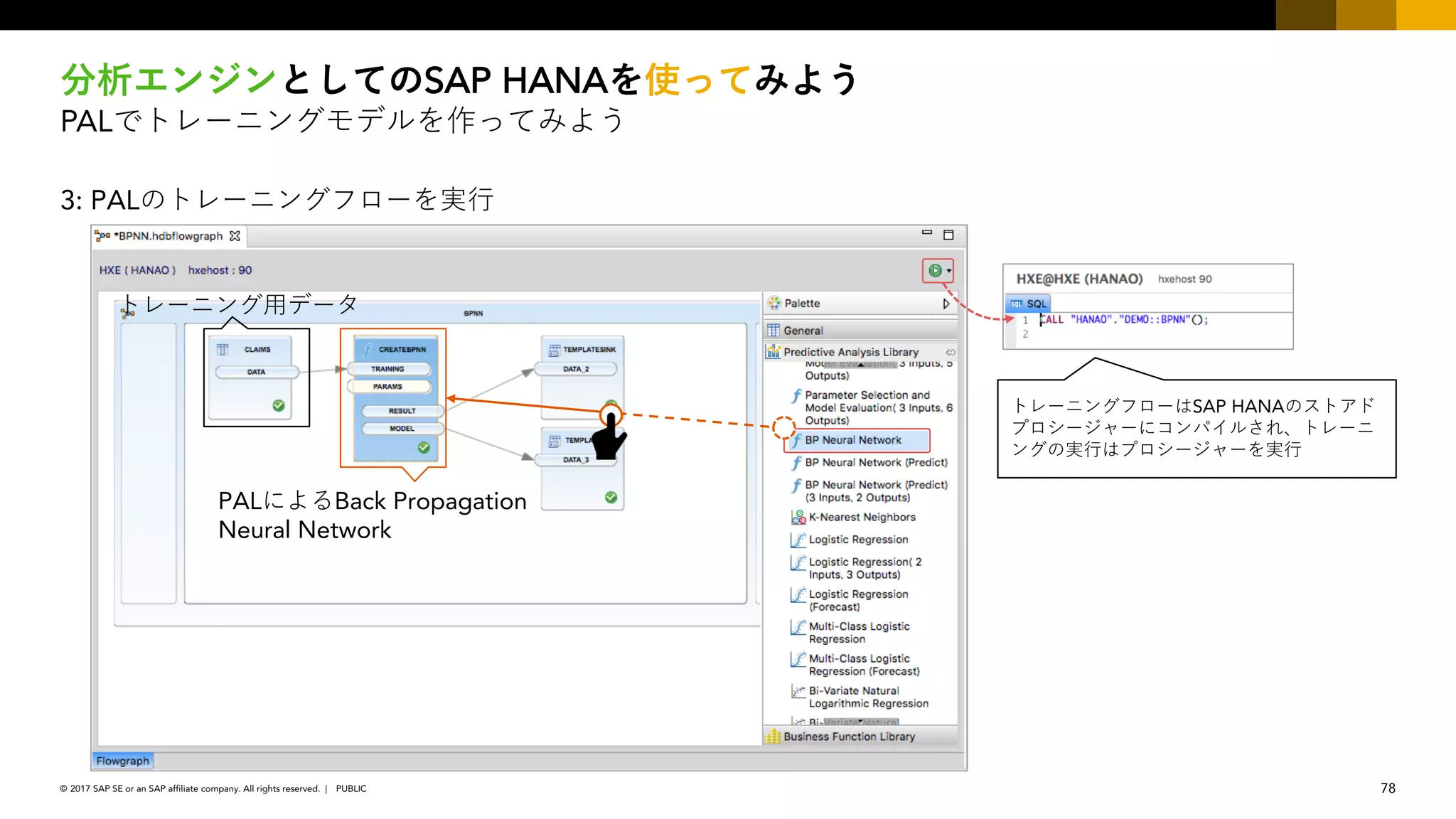 78PUBLIC© 2017 SAP SE or an SAP affiliate company. All rights reserved. ǀ
SAP HANA
PAL
3: PAL
SAP HANA
PAL Back Propagation
Neural Network
 