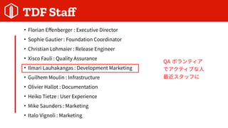 TDF Staff

Florian Effenberger : Executive Director

Sophie Gautier : Foundation Coordinator

Christian Lohmaier : Release Engineer

Xisco Fauli : Quality Assurance

Ilmari Lauhakangas : Development Marketing

Guilhem Moulin : Infrastructure

Olivier Hallot : Documentation

Heiko Tietze : User Experience

Mike Saunders : Marketing

Italo Vignoli : Marketing
QA ܥƥ
ǥƥ֤
åդ
 