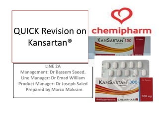 QUICK Revision on
Kansartan®
LINE 2A
Management: Dr Bassem Saeed.
Line Manager: Dr Emad William
Product Manager: Dr Joseph Saied
Prepared by Marco Makram
 