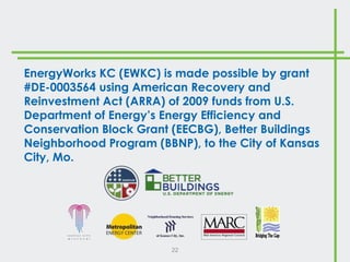 EnergyWorks KC (EWKC) is made possible by grant
#DE-0003564 using American Recovery and
Reinvestment Act (ARRA) of 2009 funds from U.S.
Department of Energy’s Energy Efficiency and
Conservation Block Grant (EECBG), Better Buildings
Neighborhood Program (BBNP), to the City of Kansas
City, Mo.




                         22
 