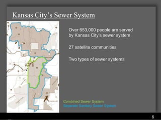 Kansas City’s Sewer System
                        Over 653,000 people are served
                        by Kansas City’s sewer system

                        27 satellite communities

                        Two types of sewer systems




                  Combined Sewer System
                  Separate Sanitary Sewer System

               Water Services Department
                                                         6
 