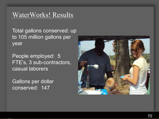 WaterWorks! Results

Total gallons conserved: up
to 105 million gallons per
year

People employed: 5
FTE’s, 3 sub-contractors,
casual laborers

Gallons per dollar
conserved: 147




                     Water Services Department
                                                 70
 