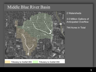 Middle Blue River Basin
                                           2 Watersheds

                                           3.5 Million Gallons of
                                           Anticipated Overflow

                                           744 Acres in Total




               Water Services Department
                                                                    9
 