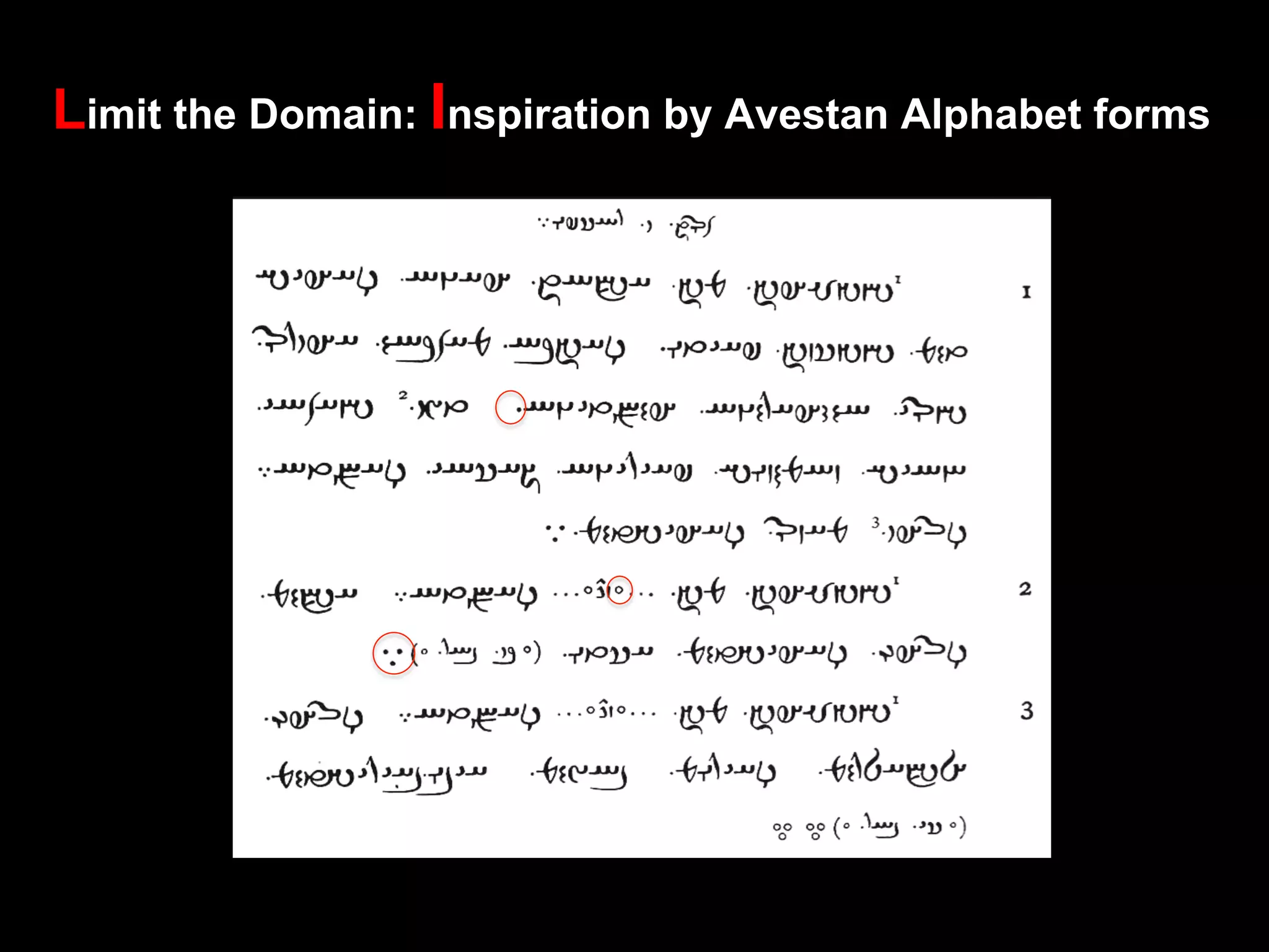Limit the Domain: Inspiration by Avestan Alphabet forms
 