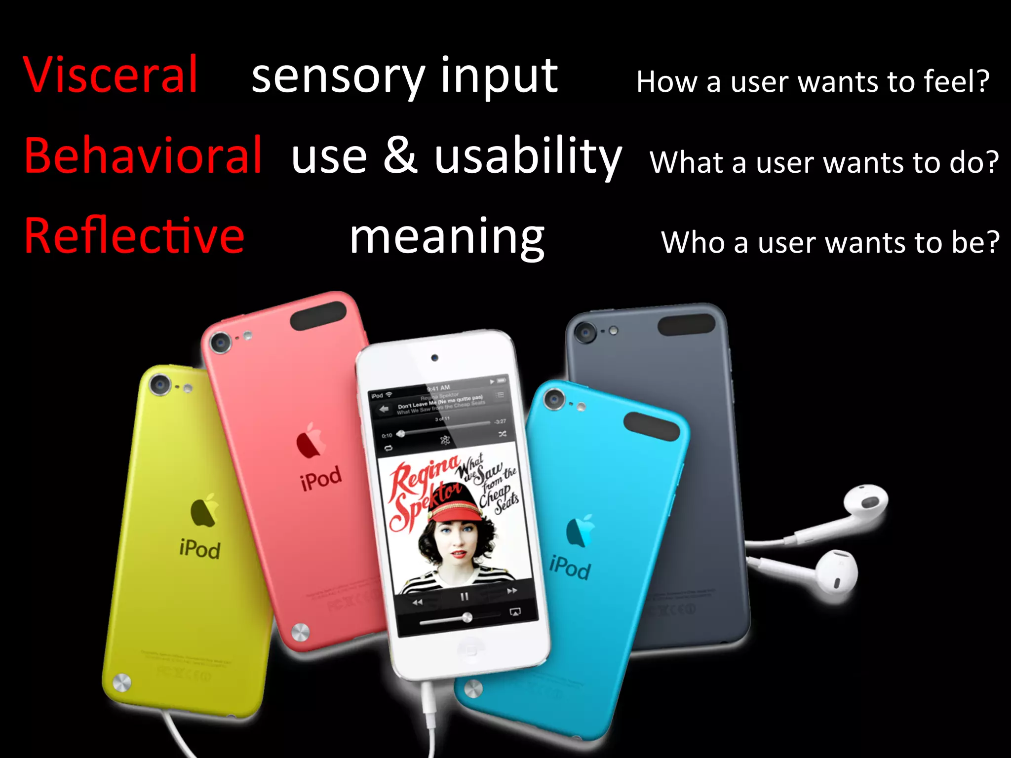 Visceral	
  	
  	
  	
  sensory	
  input	
  	
  	
  	
  	
  	
  How	
  a	
  user	
  wants	
  to	
  feel?	
  
Behavioral	
  	
  use	
  &	
  usability	
  	
  What	
  a	
  user	
  wants	
  to	
  do?	
  
Reﬂec=ve	
  	
  	
  	
  	
  	
  	
  	
  meaning	
  	
  	
  	
  	
  	
  	
  	
  	
  Who	
  a	
  user	
  wants	
  to	
  be?	
  
 