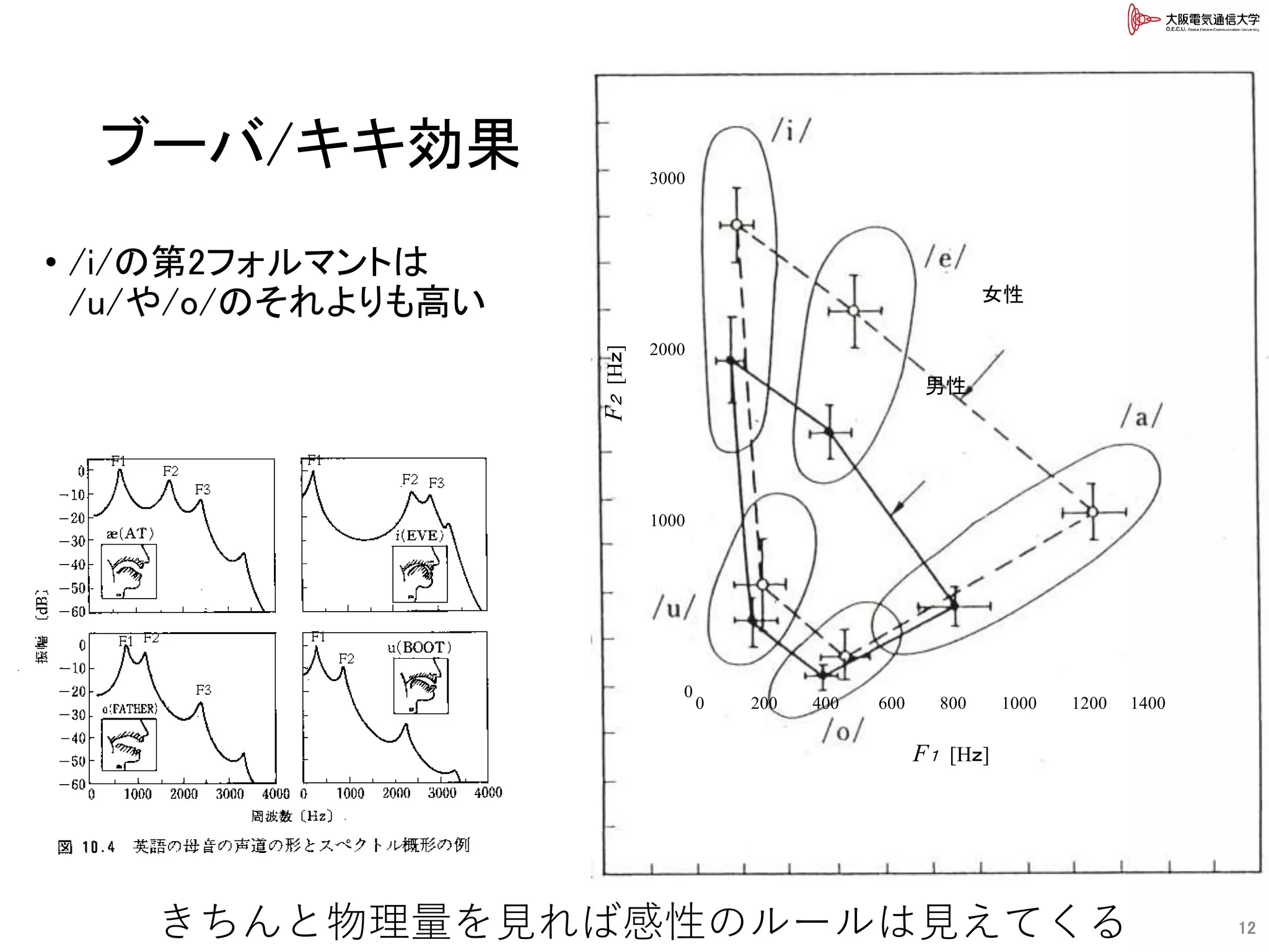 ブーバ/キキ効果
• /i/の第2フォルマントは
/u/や/o/のそれよりも高い
12
女性
男性
F１ [Hｚ]
F２[Hｚ]
0 200 400 600 800 1000 1200 1400
3000
2000
1000
0
きちんと物理量を見れば感性のルールは見えてくる
 