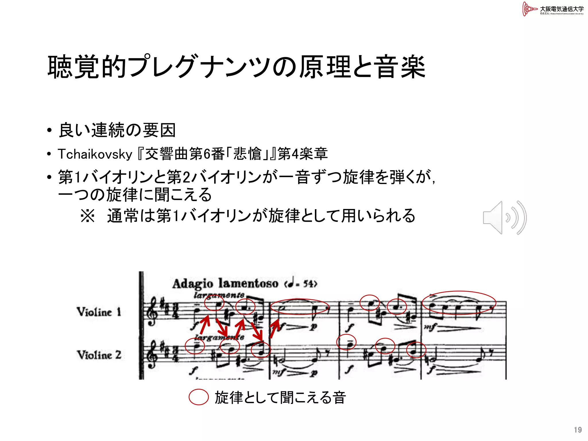 聴覚的プレグナンツの原理と音楽
• 良い連続の要因
• Tchaikovsky 『交響曲第6番「悲愴」』第4楽章
• 第1バイオリンと第2バイオリンが一音ずつ旋律を弾くが，
一つの旋律に聞こえる
※ 通常は第1バイオリンが旋律として用いられる
19
旋律として聞こえる音
 