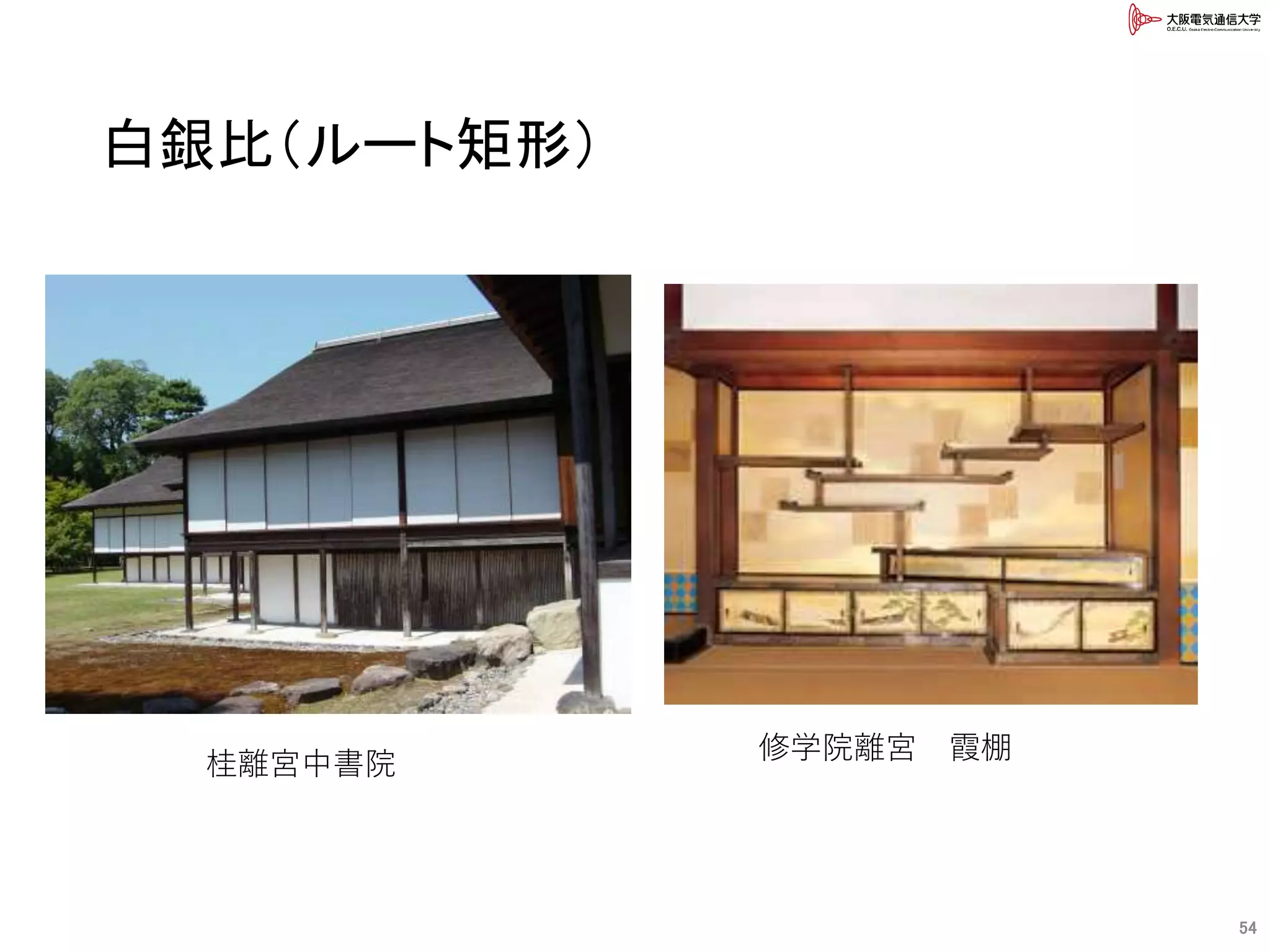 白銀比（ルート矩形）
54
桂離宮中書院
修学院離宮 霞棚
 