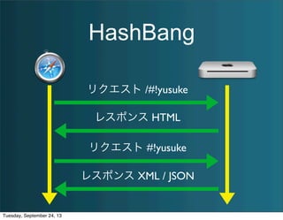 HashBang
リクエスト /#!yusuke
レスポンス HTML
リクエスト #!yusuke
レスポンス XML / JSON
Tuesday, September 24, 13
 