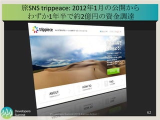 Summit
Developers
Developers Summit 2013 Kansai Action ! 
旅SNS	
  trippeace:	
  2012年1月の公開から	
  
わずか1年半で約2億円の資金調達	
  
62	
...