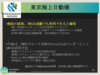 Summit
Developers
Developers Summit 2013 Kansai Action ! 
 70	
  
• 検証の結果、AWSは⾦金金融でも利利⽤用できると確信
• 第三者認証のレポートと⾃自社内基準のマッピング
•...