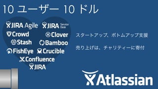 10 ユーザー 10 ドル 
スタートアップ、ボトムアップ支援 
! 
売り上げは、チャリティーに寄付 
 