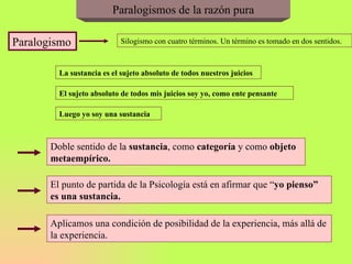 Paralogismos de la razón pura Paralogismo Silogismo con cuatro términos. Un término es tomado en dos sentidos. La sustancia es el sujeto absoluto de todos nuestros juicios El sujeto absoluto de todos mis juicios soy yo, como ente pensante Luego yo soy una sustancia Doble sentido de la  sustancia , como  categoría  y como  objeto metaempírico. El punto de partida de la Psicología está en afirmar que “ yo pienso” es una sustancia. Aplicamos una condición de posibilidad de la experiencia, más allá de la experiencia. 
