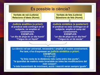 És possible la ciència? Judicis sintètics (a posteriori) el predicat no està contingut en el subjecte, amplia el camp del coneixement. EXEMPLES: “ un dia de pluja és un dia fred” “ l’aigua és un bé escàs” La ciència vol ser universal, necessària i ampliar el nostre coneixement. Per tant, s’ha d’expressar en  judicis sintètics a priori .   EXEMPLES:  “ 7 + 5 = 12”, “ la línia recta és la distància més curta entre dos punts”,  “ la quantitat de matèria resta invariable en totes les modificacions del món corpori”, “ a tota transmissió de moviment, acció i reacció seran sempre iguals”. Veritats de raó (Leibniz)  Relacions d’idees (Hume)   Veritats de fets (Leibniz)  Qüestions de fets (Hume)   Judicis analítics (a priori) el predicat està contingut en el subjecte, no amplien el coneixement. EXEMPLES: “ un dia de pluja és un dia humit” “ l’aigua és un líquid” 