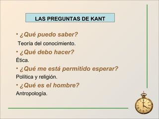 ¿Qué puedo saber? Teoría del conocimiento. ¿Qué debo hacer? Ética. ¿Qué me está permitido esperar? Política y religión. ¿Qué es el hombre? Antropología. LAS PREGUNTAS DE KANT 
