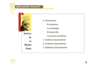 0. Introducción
El problema
La estrategia
El desarrollo
Los juicios científicos
1. Estética trascendental
2. Analítica trascendental
3. Dialéctica trascendental
CRÍTICA
DE
LA
RAZÓN
PURA
¿Qué puedo conocer?
 