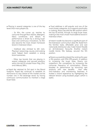 ASIA BRAND FOOTPRINT 2020 20
INDONESIA
• Playing in several categories is one of the key
levers that many players do.
• Kapal Api retained its 3rd spot in the Brand
Footprint. Kapal Api continues to establish its
dominance to stay ahead of the market and be
number one in the beverage sector by having
continuous communication to maintain a large
buyer base.
• Food additives is still popular and one of the
most chosen categories, as it supports practicality
in cooking. Royco secured the 4th position within
the top 10 brands, through its large buyer base,
making it the most chosen food additive brand in
Indonesia Urban.
• Instant noodle has become a significant part of
the Indonesian community’s daily life. Aside from
the familiar taste, affordable price and vast
nationwide distribution also make Instant Noodle
an all-Indonesian favourite. Another instant
noodle brand, Mie Sedaap, secured the 5th
position.
• Downy successfully entered the ranking this year
in 9th position, with 19% CPR growth. In addition
to increasing the buyer base, Downy can
outperform the competitors by increasing the
consumer frequency of consumption. Downy
boosted its performance by launching new
products with new benefits that offer
anti-malodour and maintaining freshness. It
evoked a brand experience by highlighting the
relevant tension using localized jargon (which is
apek).
ASIA MARKET FEATURES
- So Klin, the runner up, reaches its
consumer through floor cleaner, detergent,
fabric conditioner, and bleach. Its
performance is driven by a strong buyer
base and continuous innovations. So Klin
also become the most chosen homecare
brand in Indonesia Urban.
- Indofood also climbed to 6th rank.
Playing in seasonings, sauces, and cooking
stock helped them establish a strong
brand awareness.
- Other top brands that are playing in
several categories and secured positions
within the top 10 include Frisian Flag (7th)
and Lifebuoy (8th).
 