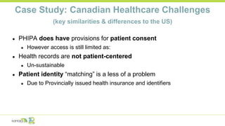 Case Study: Canadian Healthcare Challenges
(key similarities & differences to the US)
● PHIPA does have provisions for patient consent
● However access is still limited as:
● Health records are not patient-centered
● Un-sustainable
● Patient identity “matching” is a less of a problem
● Due to Provincially issued health insurance and identifiers
 