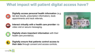 What impact will patient digital access have?
Digitally access personal health information (e.g.
lab test results, prescription information), book
appointments and track referrals.
Interact virtually with a health care provider via
video visit or secure messaging.
Digitally share important information with their
health care provider(s).
Digitally ensure that patients control access to
their data through consent and access controls.
 