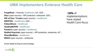 UMA Implementers Embrace Health Care
ForgeRock – financial, healthcare, IoT, G2C…
Gluu (open source) – API protection, enterprise, G2C…
HIE of One / Trustee (open source) – healthcare
IDENTOS – healthcare, G2C, …
PatientShare – healthcare
HealthyMePHR – healthcare
Pauldron (open source) – healthcare
RedHat Keycloak (open source) – API protection, enterprise, IoT…
ShareMedData – healthcare
WSO2 (open source) – enterprise
(more detail at tinyurl.com/umawg)
~50% of
implementations
have stated
Health Care focus
 