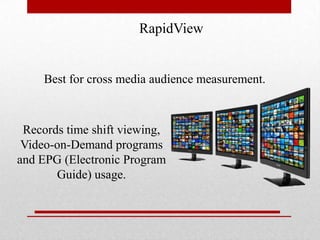 RapidView

Best for cross media audience measurement.

Records time shift viewing,
Video-on-Demand programs
and EPG (Electronic Program
Guide) usage.

 