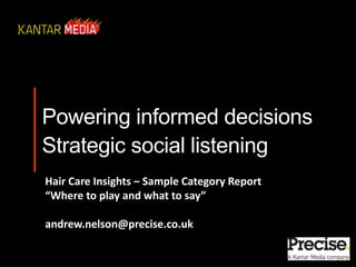 Powering informed decisions
Strategic social listening
Hair Care Insights – Sample Category Report
“Where to play and what to say”
andrew.nelson@precise.co.uk
 