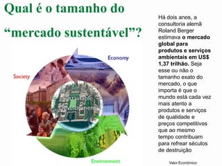 Qual é o tamanho do
“mercado sustentável”?
Valor Econômico
Há dois anos, a
consultoria alemã
Roland Berger
estimava o mercado
global para
produtos e serviços
ambientais em US$
1,37 trilhão. Seja
esse ou não o
tamanho exato do
mercado, o que
importa é que o
mundo está cada vez
mais atento a
produtos e serviços
de qualidade e
preços competitivos
que ao mesmo
tempo contribuam
para refrear séculos
de destruição
 