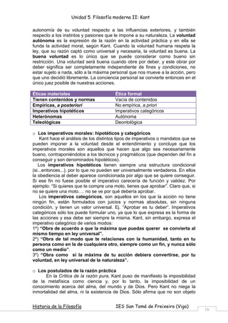 Unidad 5. Filosofía moderna II: Kant

autonomía de su voluntad respecto a las influencias exteriores, y también
respecto a los instintos y pasiones que le impone a su naturaleza. La voluntad
autónoma es la expresión de la razón en la actividad práctica y en ella se
funda la actividad moral, según Kant. Cuando la voluntad humana respeta la
ley, que su razón captó como universal y necesaria, la voluntad es buena. La
buena voluntad es lo único que se puede considerar como bueno sin
restricción. Una voluntad será buena cuando obre por deber, y este obrar por
deber significa ser completamente independiente de fines y condiciones, no
estar sujeto a nada, sólo a la máxima personal que nos mueve a la acción, pero
que uno decidió libremente. La conciencia personal se convierte entonces en el
único juez posible de nuestras acciones.

Éticas materiales                        Ética formal
Tienen contenidos y normas               Vacía de contenidos
Empíricas, a posteriori                  No empírica, a priori
Imperativos hipotéticos                  Imperativos categóricos
Heterónomas                              Autónoma
Teleológicas                             Deontológica

o Los imperativos morales: hipotéticos y categóricos
    Kant hace el análisis de los distintos tipos de imperativos o mandatos que se
pueden imponer a la voluntad desde el entendimiento y concluye que los
imperativos morales son aquellos que hacen que algo sea necesariamente
bueno, contraponiéndolos a los técnicos y pragmáticos (que dependen del fin a
conseguir y son denominados hipotéticos).
   Los imperativos hipotéticos tienen siempre una estructura condicional
(si...entonces...), por lo que no pueden ser universalmente verdaderos. En ellos
la obediencia al deber aparece condicionada por algo que se quiere conseguir.
Si ese fin no fuese posible el imperativo carecería de función y validez. Por
ejemplo: “Si quieres que te compre una moto, tienes que aprobar”. Claro que, si
no se quiere una moto . no se ve por qué debería aprobar.
    Los imperativos categóricos, son aquellos en los que la acción no tiene
ningún fin, están formulados con juicios y normas absolutas, sin ninguna
condición, y tienen un valor universal. Ej. “Aprobar es tu deber”. Imperativos
categóricos sólo los puede formular uno, ya que lo que expresa es la forma de
las acciones y esa debe ser siempre la misma. Kant, sin embargo, expresa el
imperativo categórico de varios modos:
1º) “Obra de acuerdo a que la máxima que puedas querer se convierta al
mismo tiempo en ley universal”.
2º) “Obra de tal modo que te relaciones con la humanidad, tanto en tu
persona como en la de cualquiera otro, siempre como un fin, y nunca sólo
como un medio”.
3º) “Obra como si la máxima de tu acción debiera convertirse, por tu
voluntad, en ley universal de la naturaleza”.

o Los postulados de la razón práctica
      En la Crítica de la razón pura, Kant puso de manifiesto la imposibilidad
de la metafísica como ciencia y, por lo tanto, la imposibilidad de un
conocimiento acerca del alma, del mundo y de Dios. Pero Kant no niega la
inmortalidad del alma, ni la existencia de Dios. Sólo afirma que no son objeto


Historia de la Filosofía                 IES San Tomé de Freixeiro (Vigo)
                                                                                    16
 