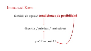 Immanuel Kant
Ejercicio de explicar condiciones de posibilidad
discursos / prácticas / instituciones
¿qué hizo posible?
 